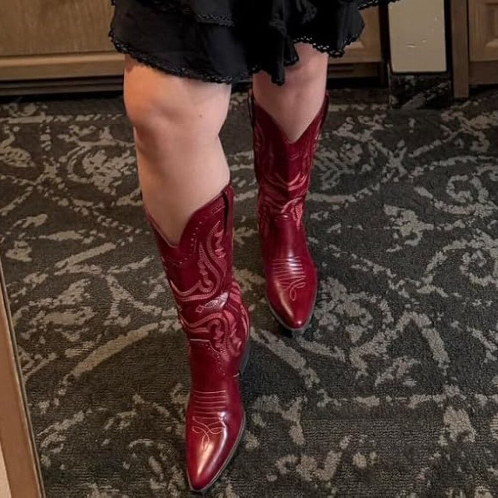 🆕Women Red Synthetic Cowgirl Mid Calf Pointed Toe Chunky Block Heel Boots